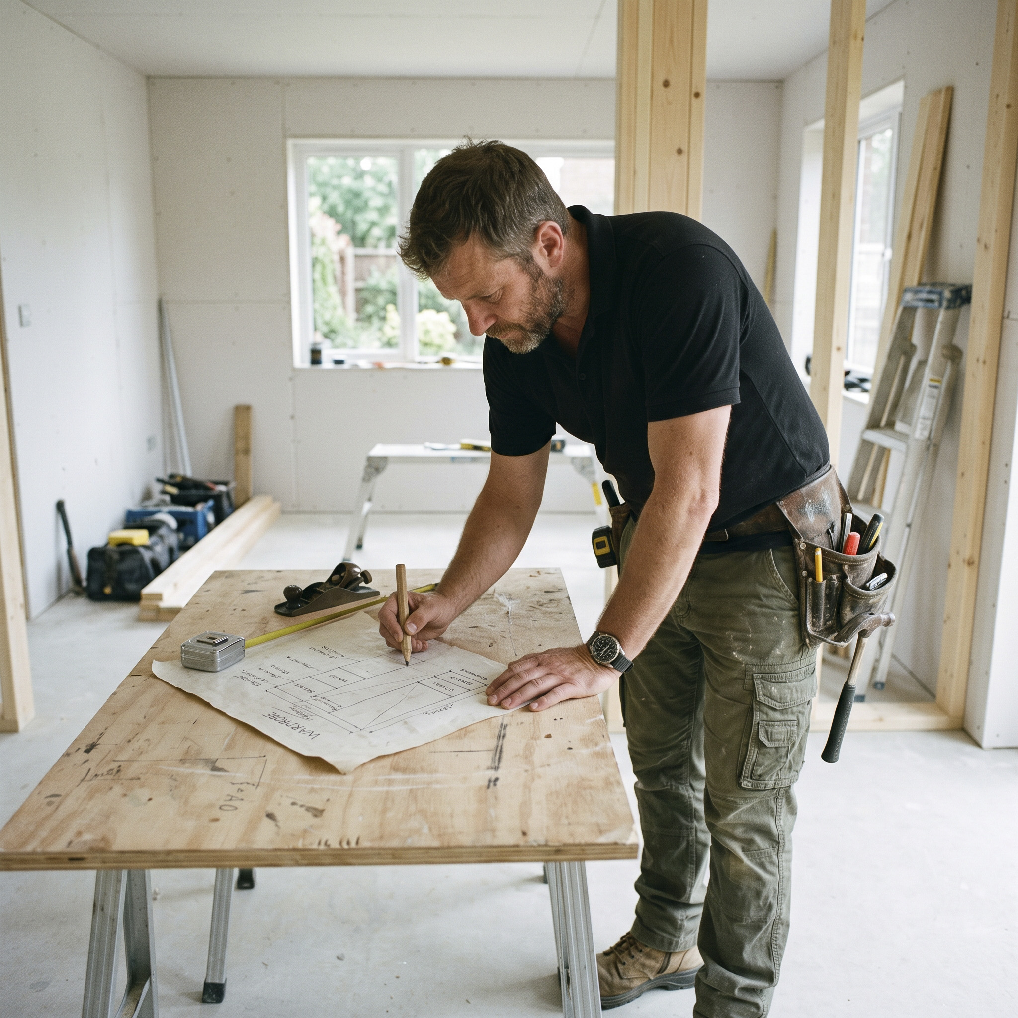 A carpenter sketching a wardrobe design on site